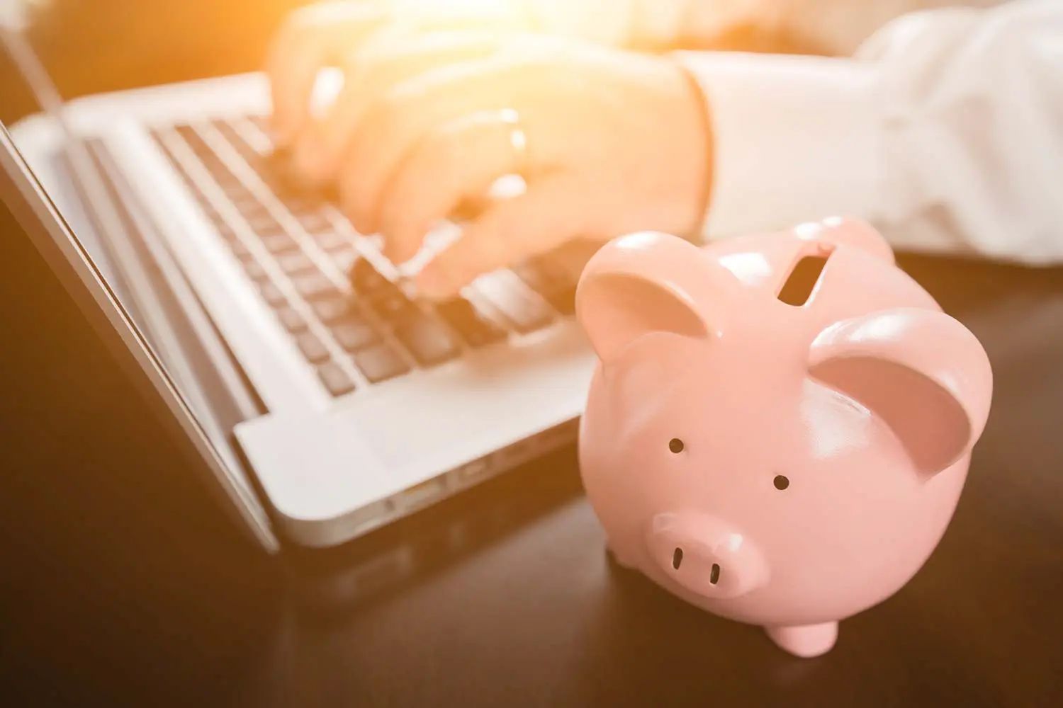 Jemand tippt auf seiner Laptop-Tastatur. Im Vordergrund ist ein Sparschwein zu sehen.